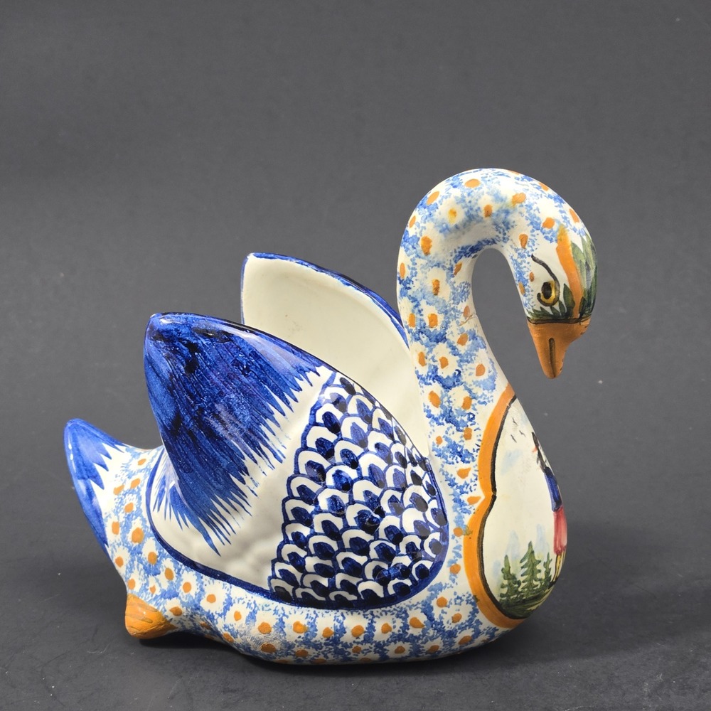 Vintage Henriot Quimper Hand Painted French Faience Swan Planter Figurine